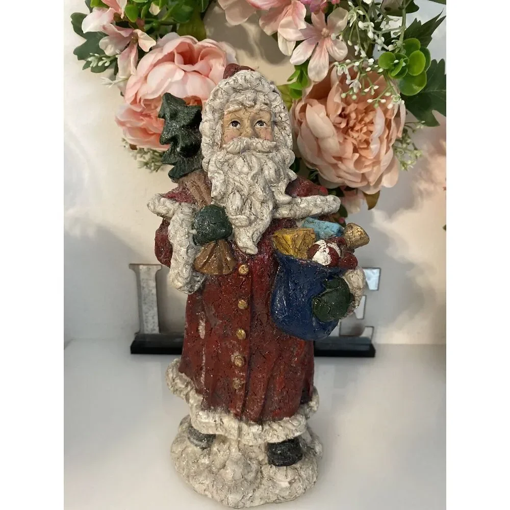 Vintage Santa Claus Statue With‎ Bag Of Toys And Tree Resin 10